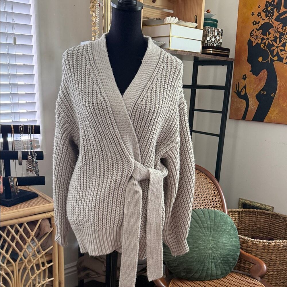 Zara Gray Chunky Knit Long Sleeve Faux Wrap Side Tie Boho Cardigan Sweater